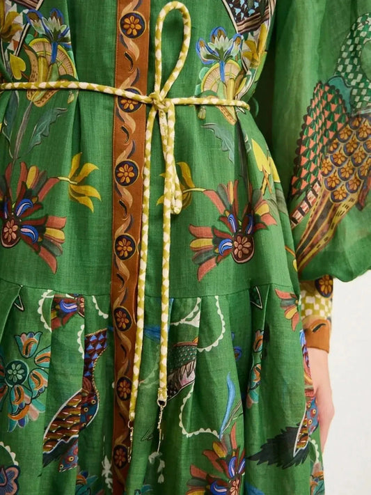 Printed Lantern Sleeve Maxi Shirt Dress in - photo