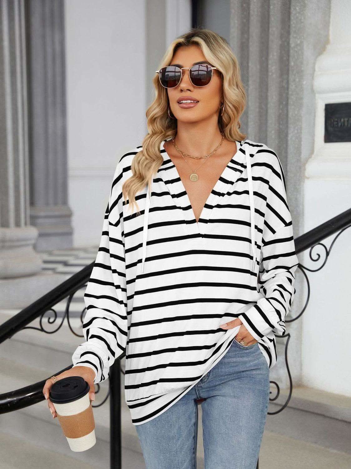 Drawstring Striped Long Sleeve Hoodie in White - photo