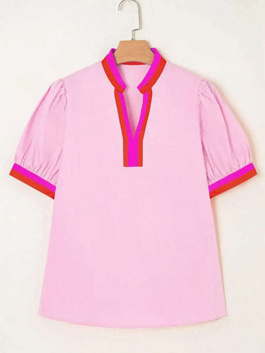 Contrast Trim Notched Short Sleeve Blouse in - photo