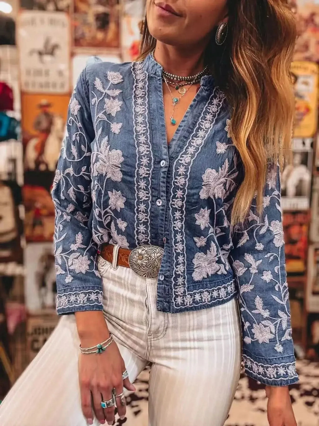 Floral Embroidered Button Up Denim Shirt - SwagglyLife Home & Fashion