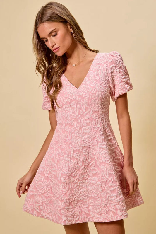 SO ME Floral Jacquard Fit And Flare Daily Mini Dress in BLUSH - photo