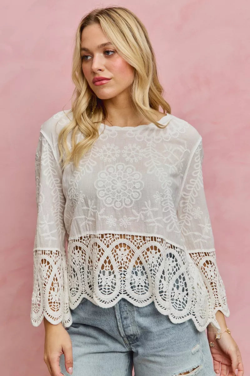 SO ME Floral Embroidered Crochet Lace Trimmed Top in - photo