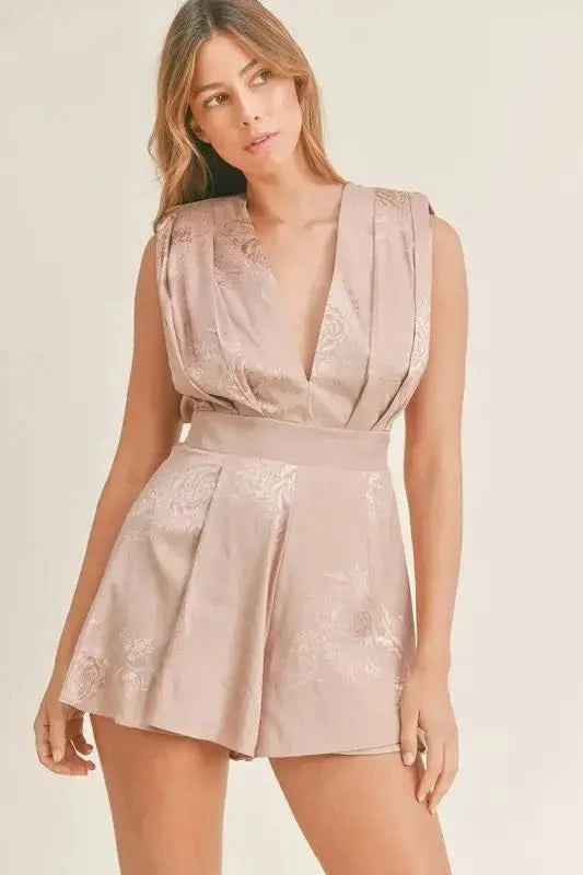 MABLE Draped Romper with Pleated Shoulder Pad Detail in Mocha - photo