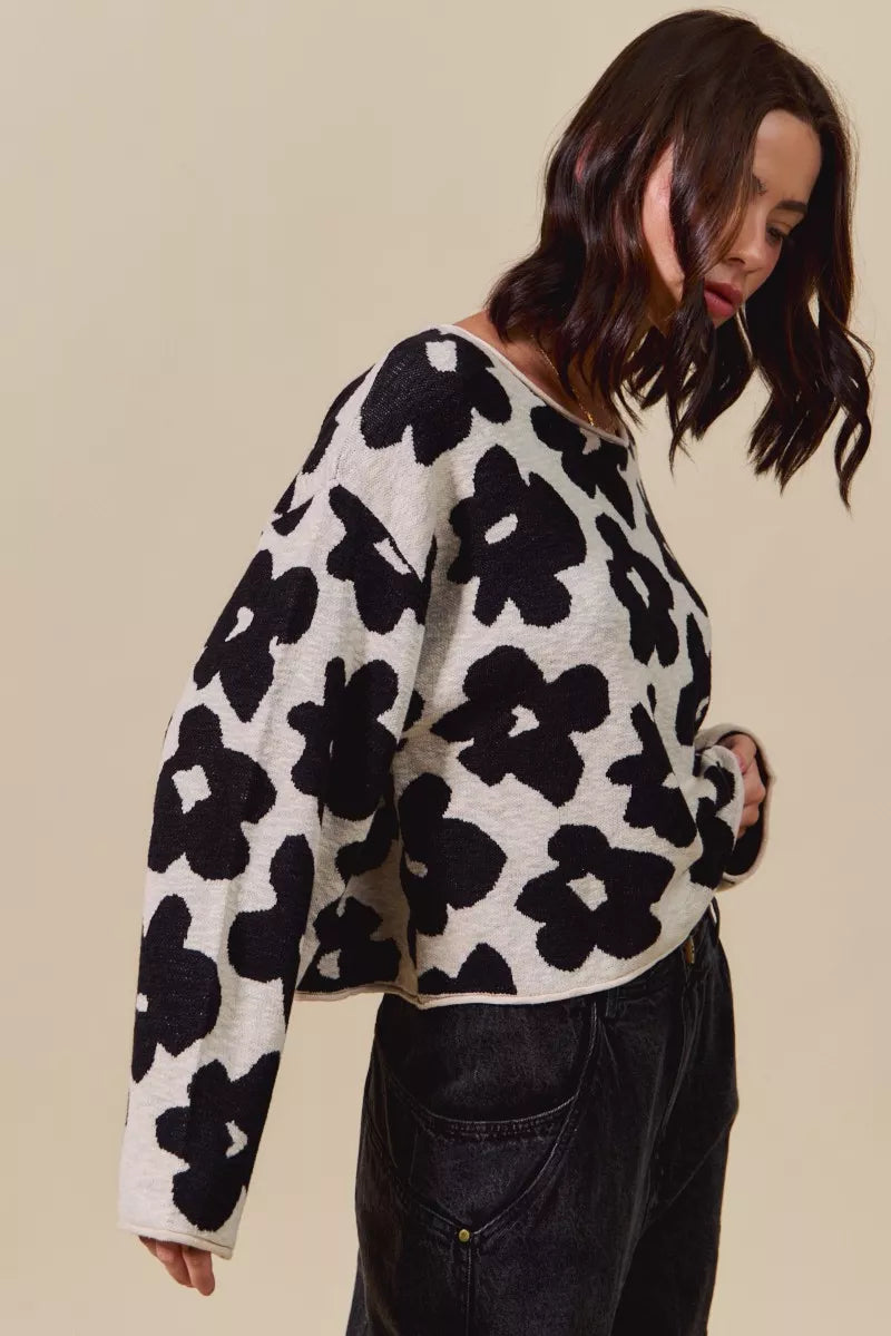 SO ME Loose Fit Flower Lightweight Sweater Top in - photo