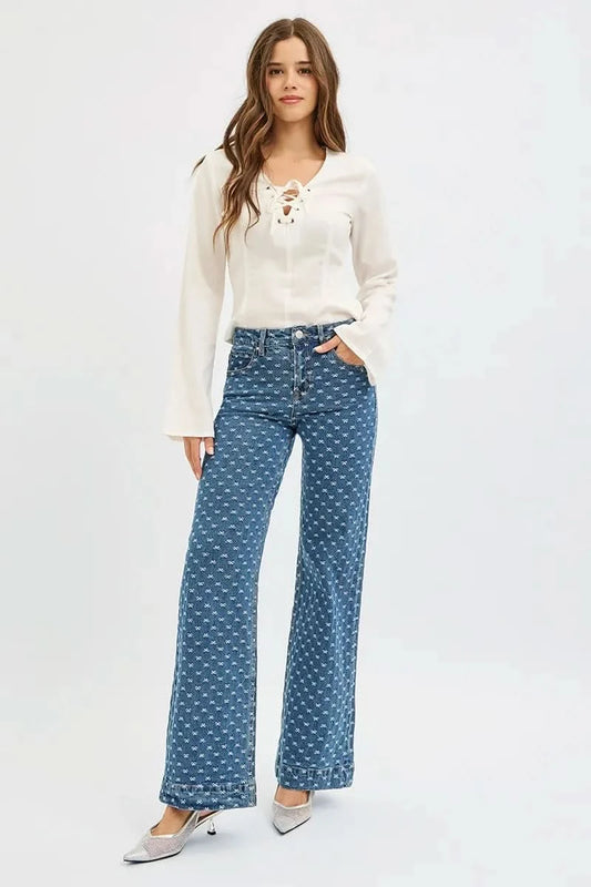 RISEN High Rise Wide Leg Bow Embroidered Jeans in - photo