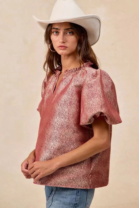 BiBi Jacquard Woven Short Balloon Sleeves V Neck Top in - photo