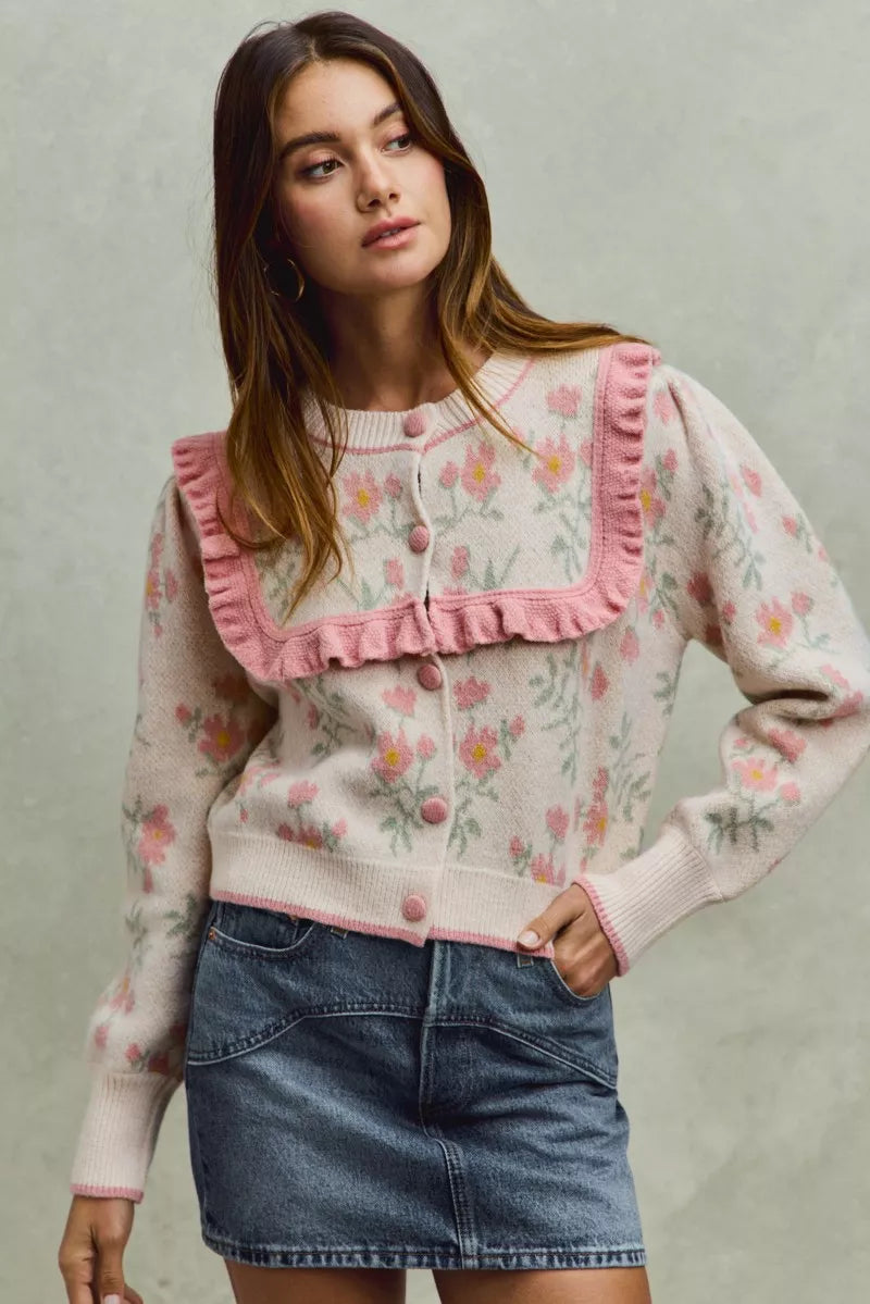 SO ME Flower With Ruffle Detailing Sweater Cardigan in - photo