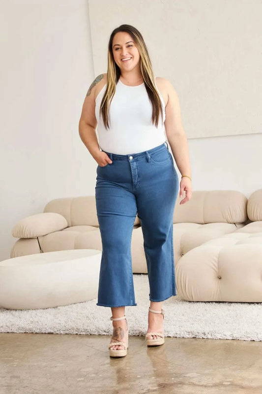 RFM Crop Chloe Full Size Tummy Control High Waist Raw Hem Jeans in Blue Slate - photo