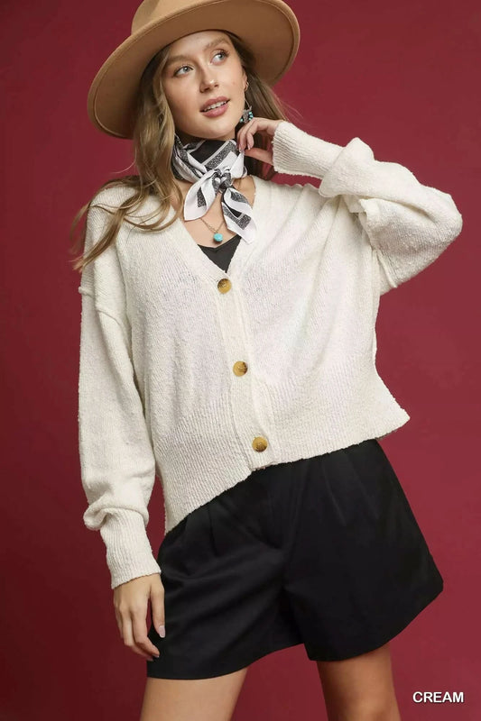 Umgee Button-Front V-Neck Knit Cardigan in Cream - photo