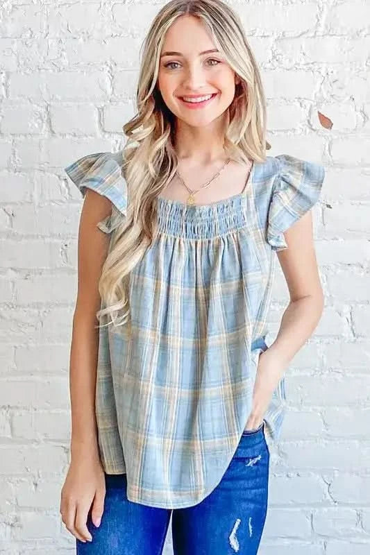And The Why Plaid Print Smocked Detail Ruffle Baby Doll Top in BLUE - photo