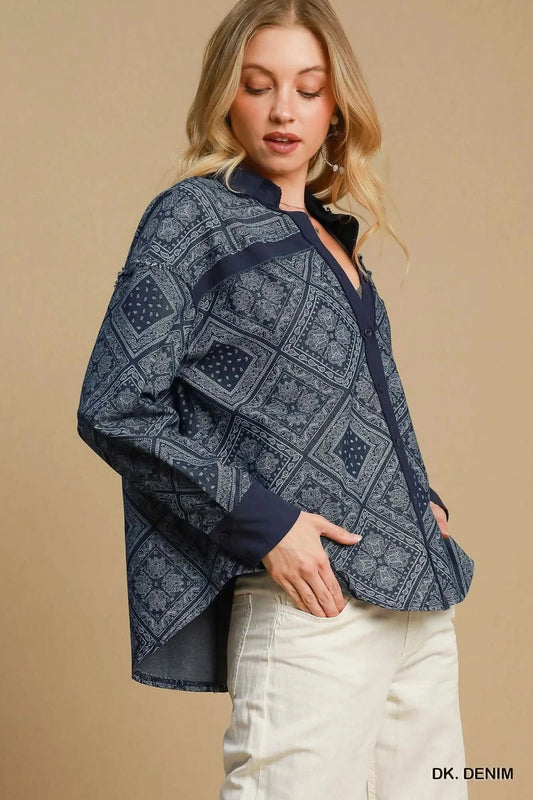 Umgee Paisley Print Denim Shirt Jacket in - photo