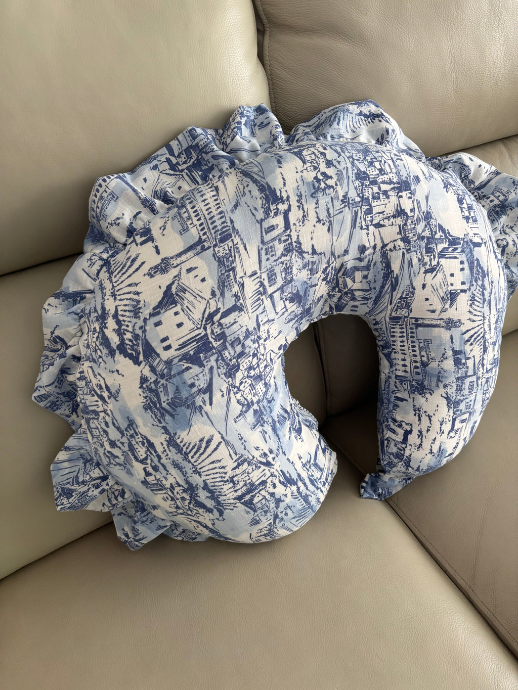 Blue Toile Ruffle Nursing Pillow Cover in - photo