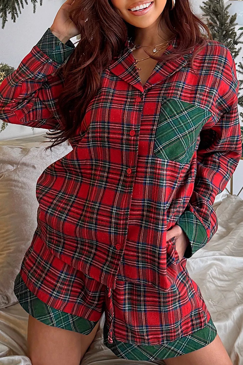 Plaid Patch Long Sleeve Holiday Pajama Set in Deep Red - photo