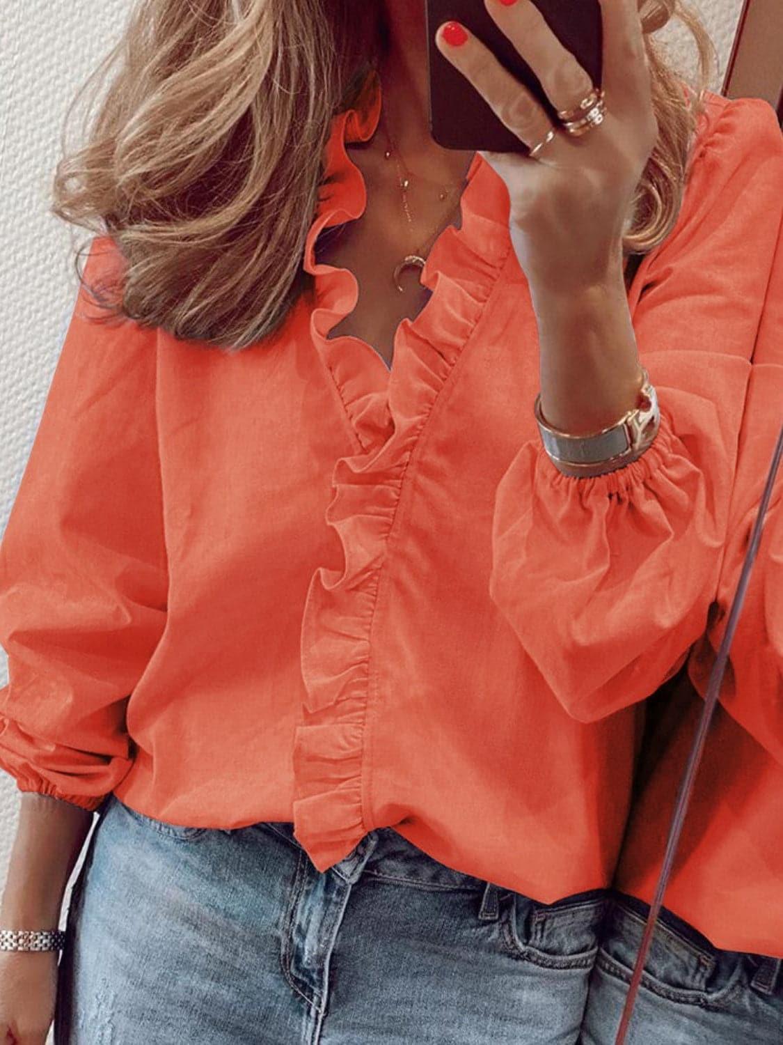 Andrea Full Size Ruffled V-Neck Long Sleeve Blouse