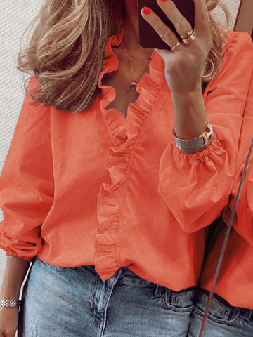 Andrea Full Size Ruffled V-Neck Long Sleeve Blouse