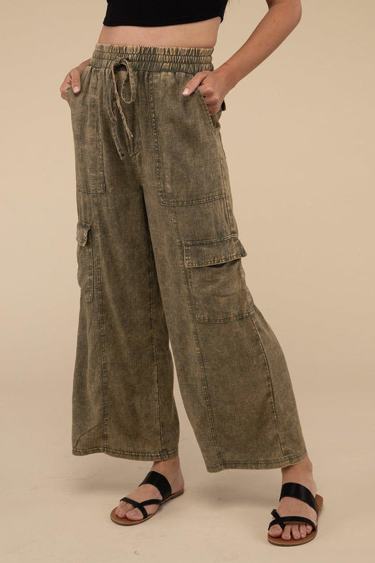 ZENANA Washed Linen Elastic Band Waist Cargo Pants