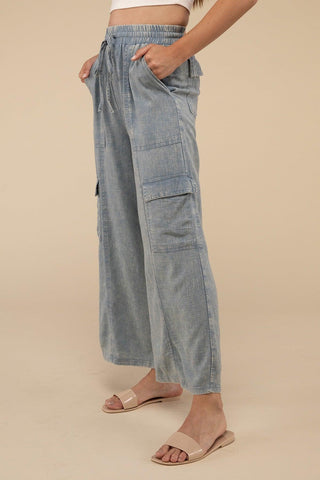 ZENANA Washed Linen Elastic Band Waist Cargo Pants