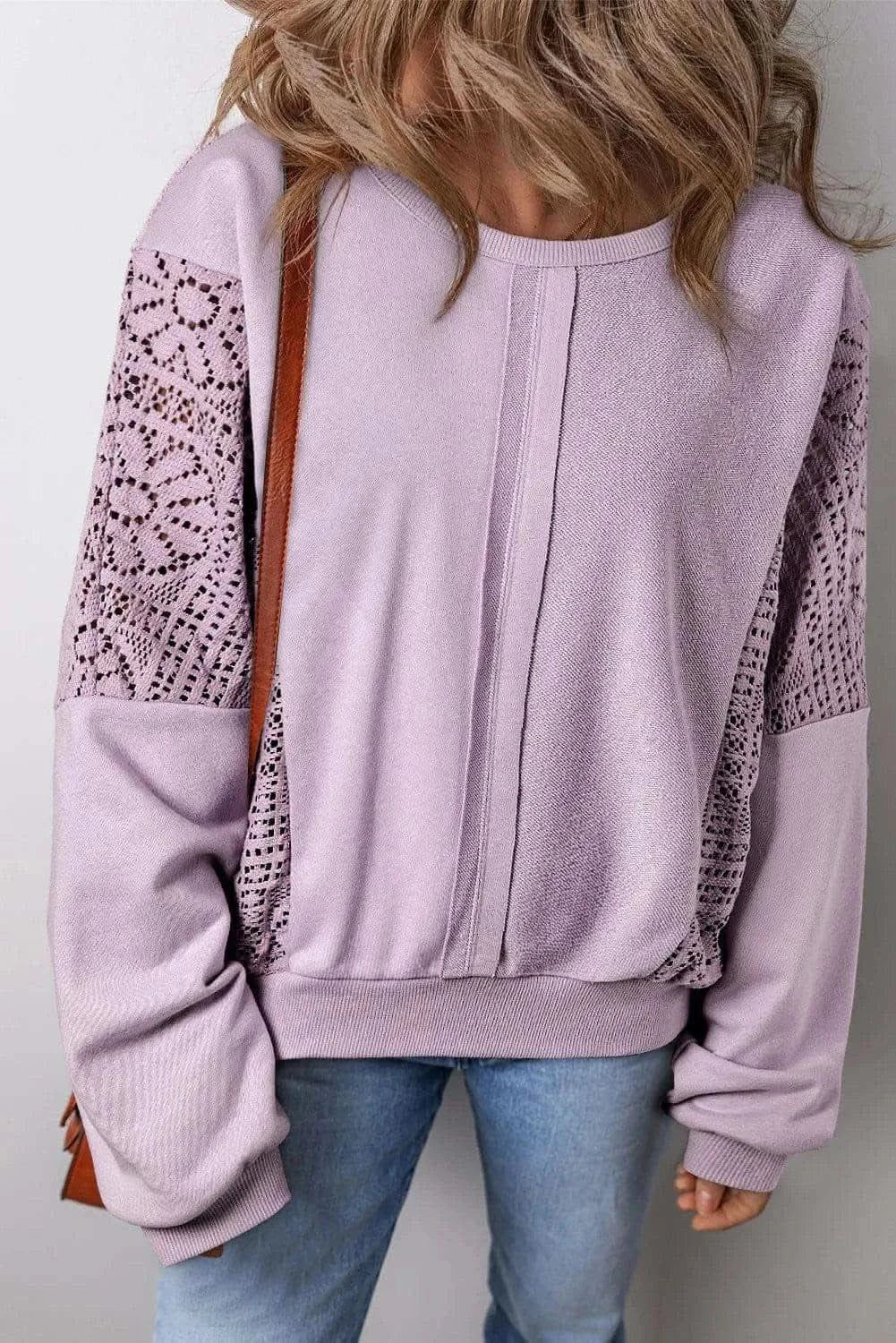 Openwork Round Neck Long Sleeve Sweatshirt in Pink Purple - photo