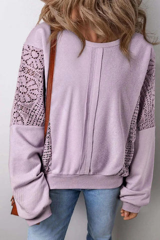 Openwork Round Neck Long Sleeve Sweatshirt in Pink Purple - photo