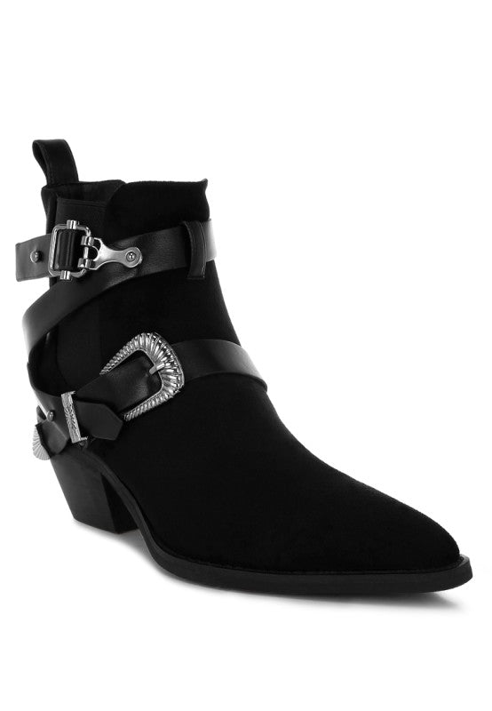 Raveta Microfiber Buckle Strap Western Boots in Black - photo