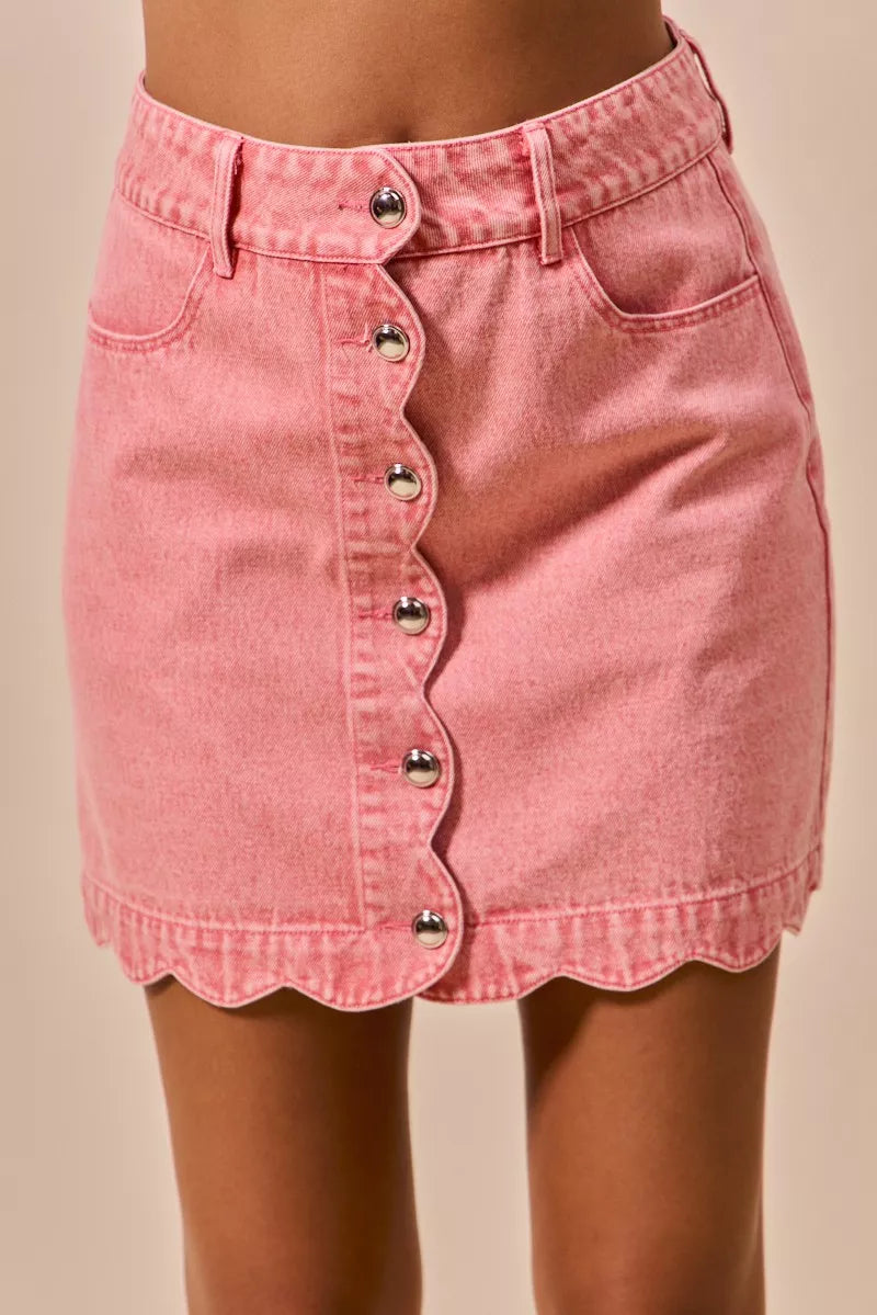 SO ME Vintage Wash Scallop Edge Denim Mini Skirt in PINK - photo