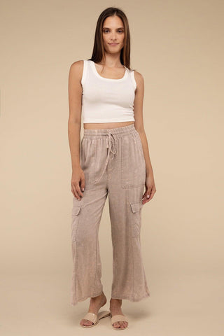 ZENANA Washed Linen Elastic Band Waist Cargo Pants