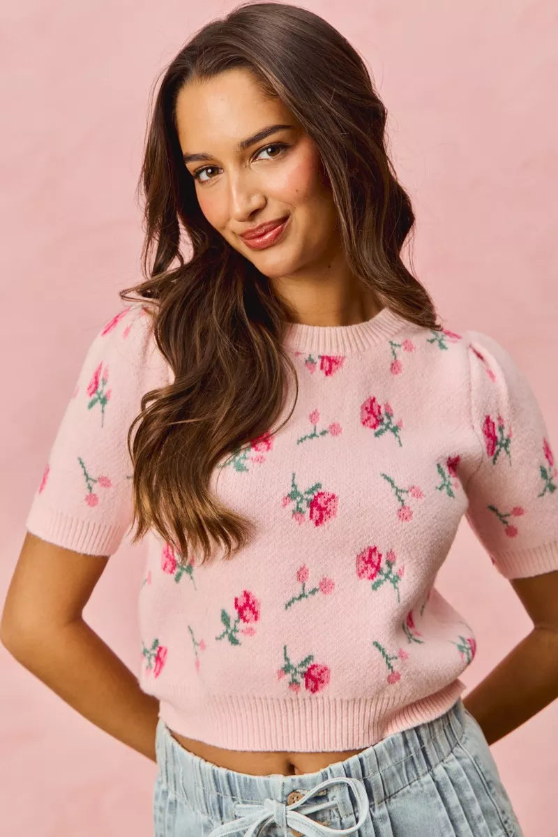 SO ME Floral Pattern Knit Puff Sleeves Sweater Top in - photo