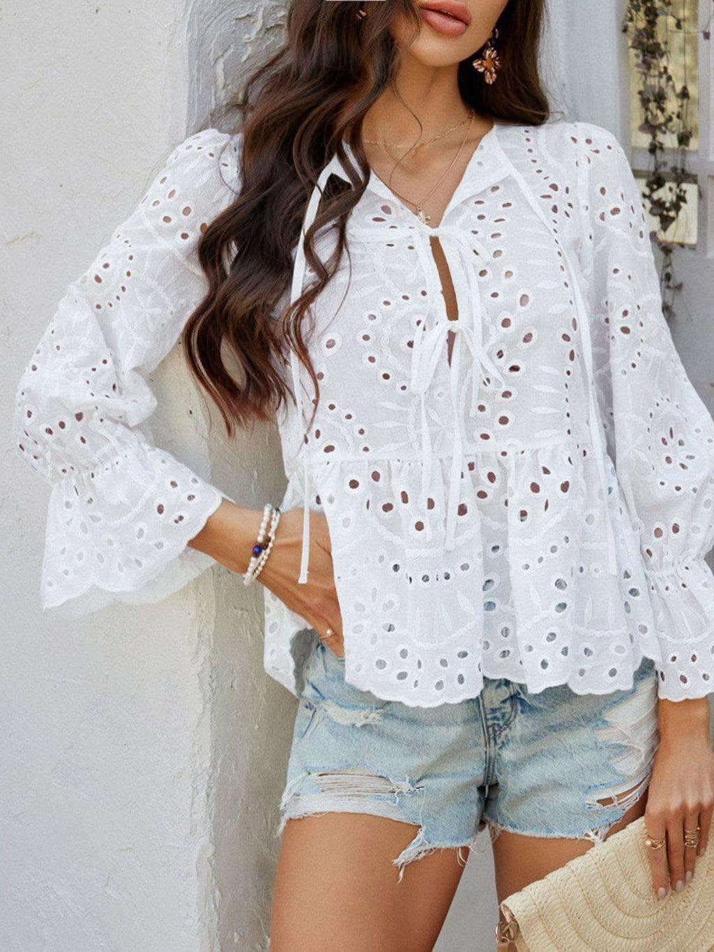 Devine Tie Front Flounce Sleeve Peplum Blouse - SwagglyLife Home & Fashion