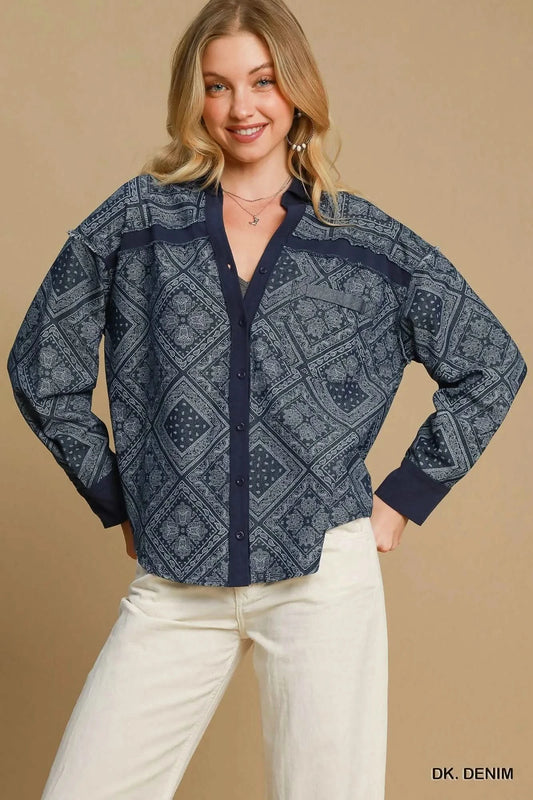 Umgee Paisley Print Denim Shirt Jacket in DK. DENIM - photo