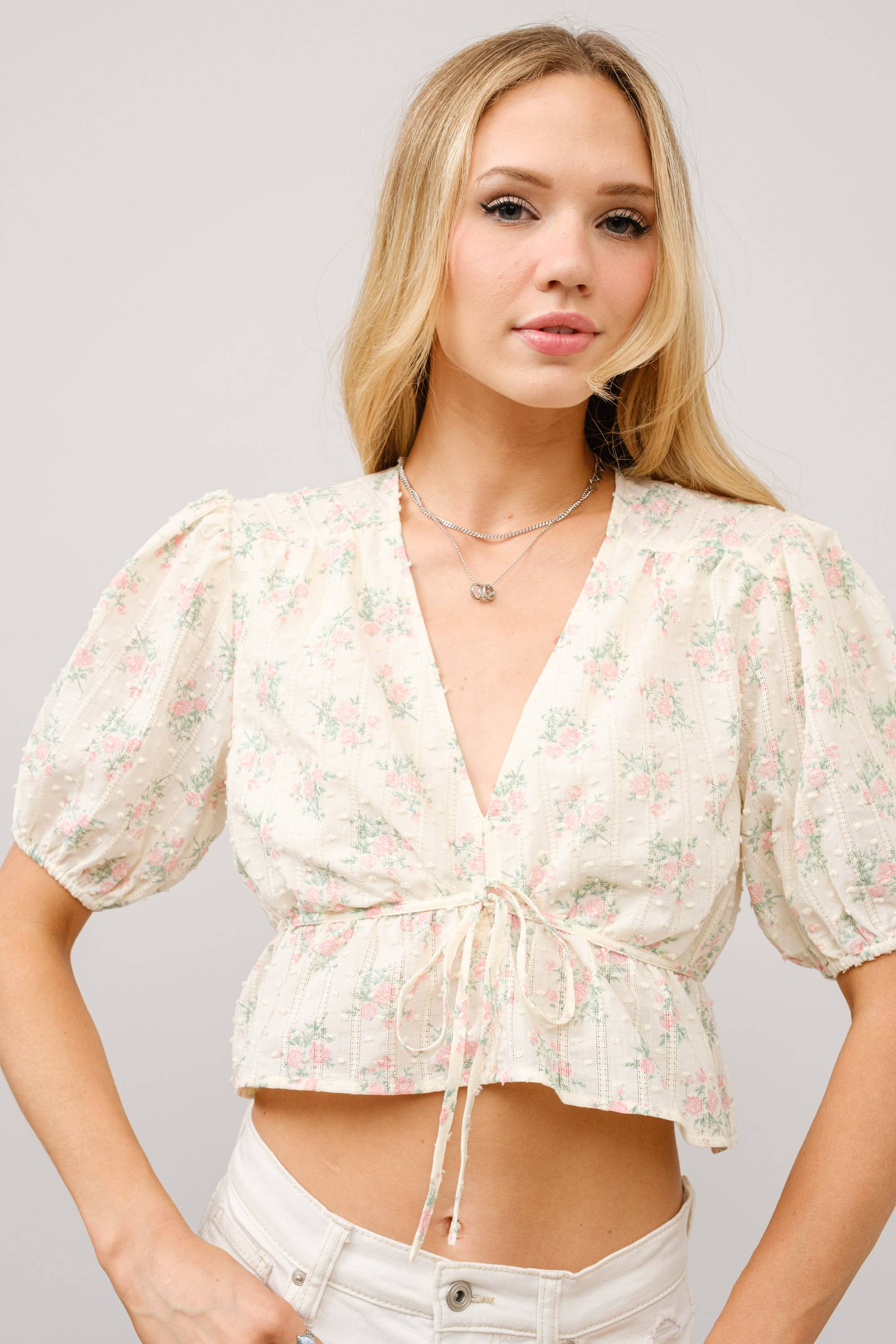 Petticoat Puff Sleeve Tie Front Peplum Top in - photo