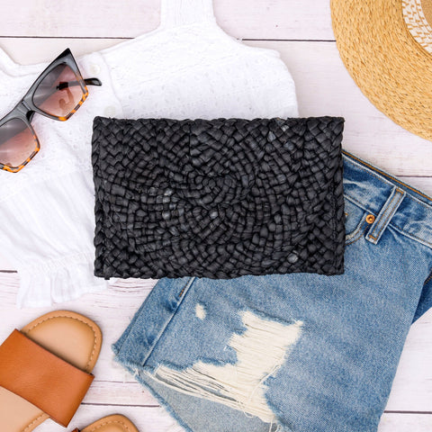 Foldover Straw Clutch in Black - photo