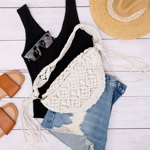 Macrame Sling Bag in White - photo