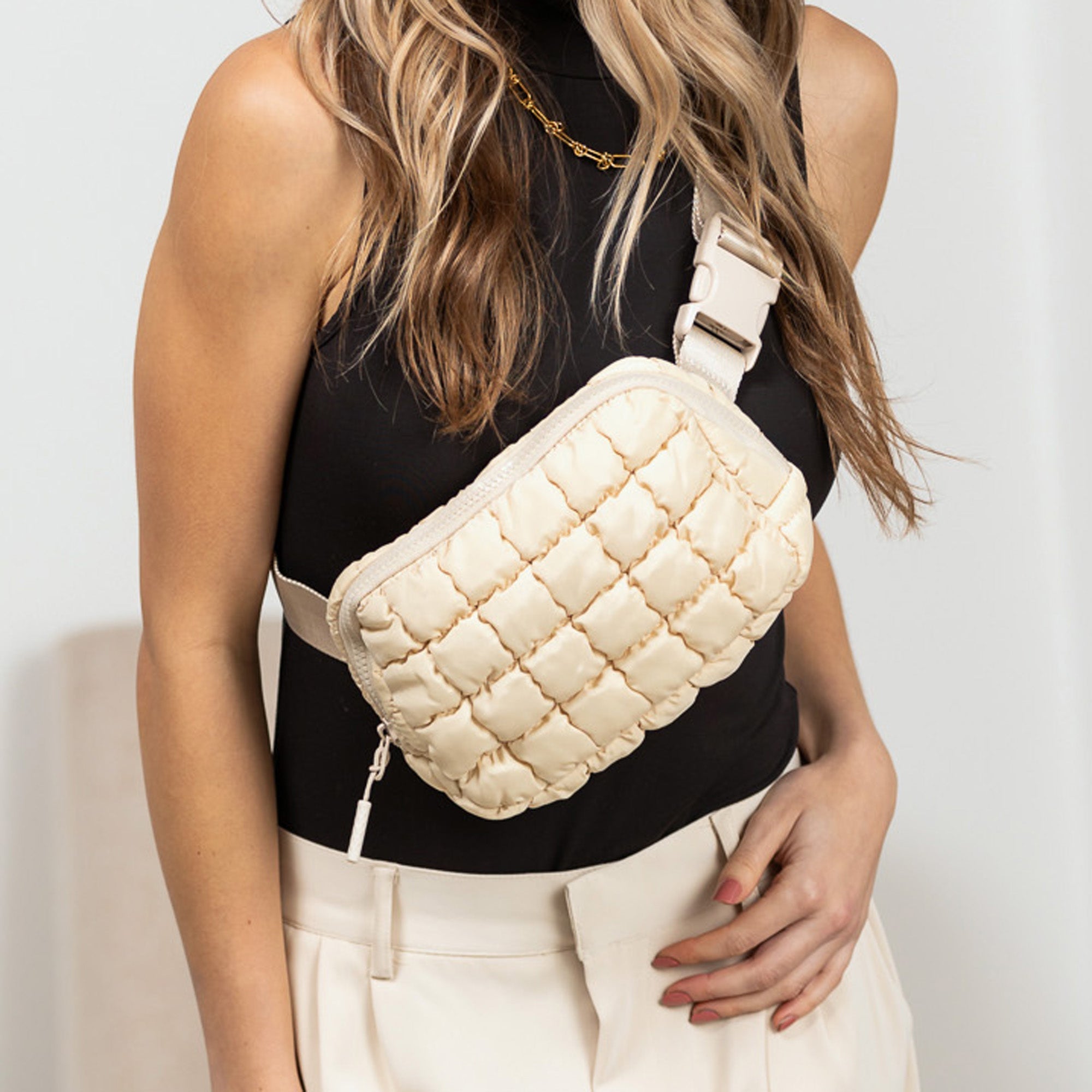 Evyn Quilted Puffer Sling Crossbody Belt Bum Fanny Waist Bag in - photo