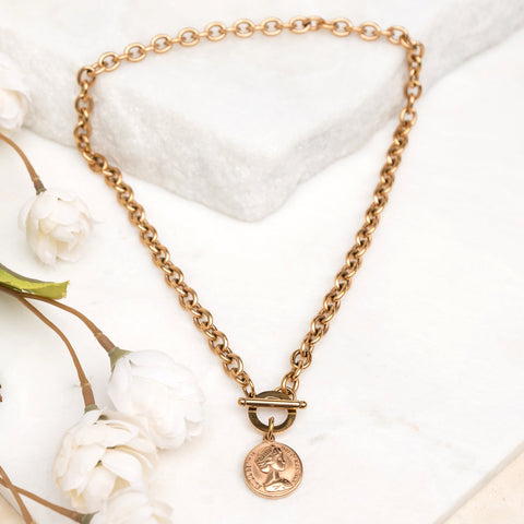 Coin Accent Chain Necklace in Rose gold - photo
