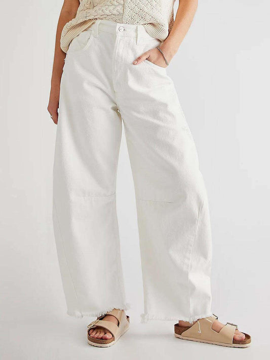 Raw Hem Wide Leg Jeans with Pockets in White - photo