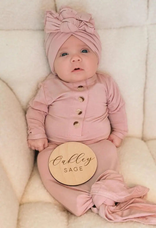 Newborn Knotted Gown and 3 Bow Turban Hat - Dusty Rose in - Newborn Knotted Baby Gown Sets photo