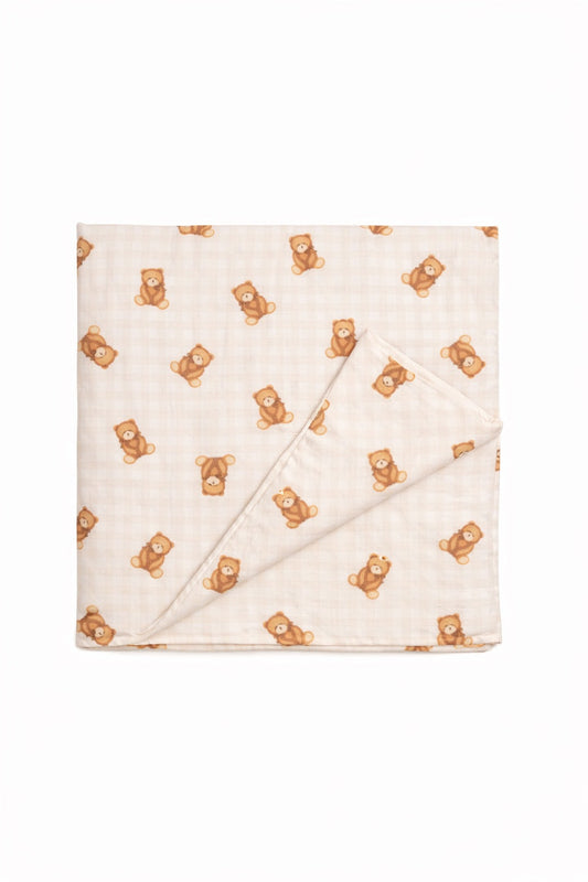 Beige Teddy Bear Gingham Crib Quilted Blanket in - photo