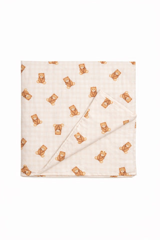 Beige Teddy Bear Gingham Crib Quilted Blanket