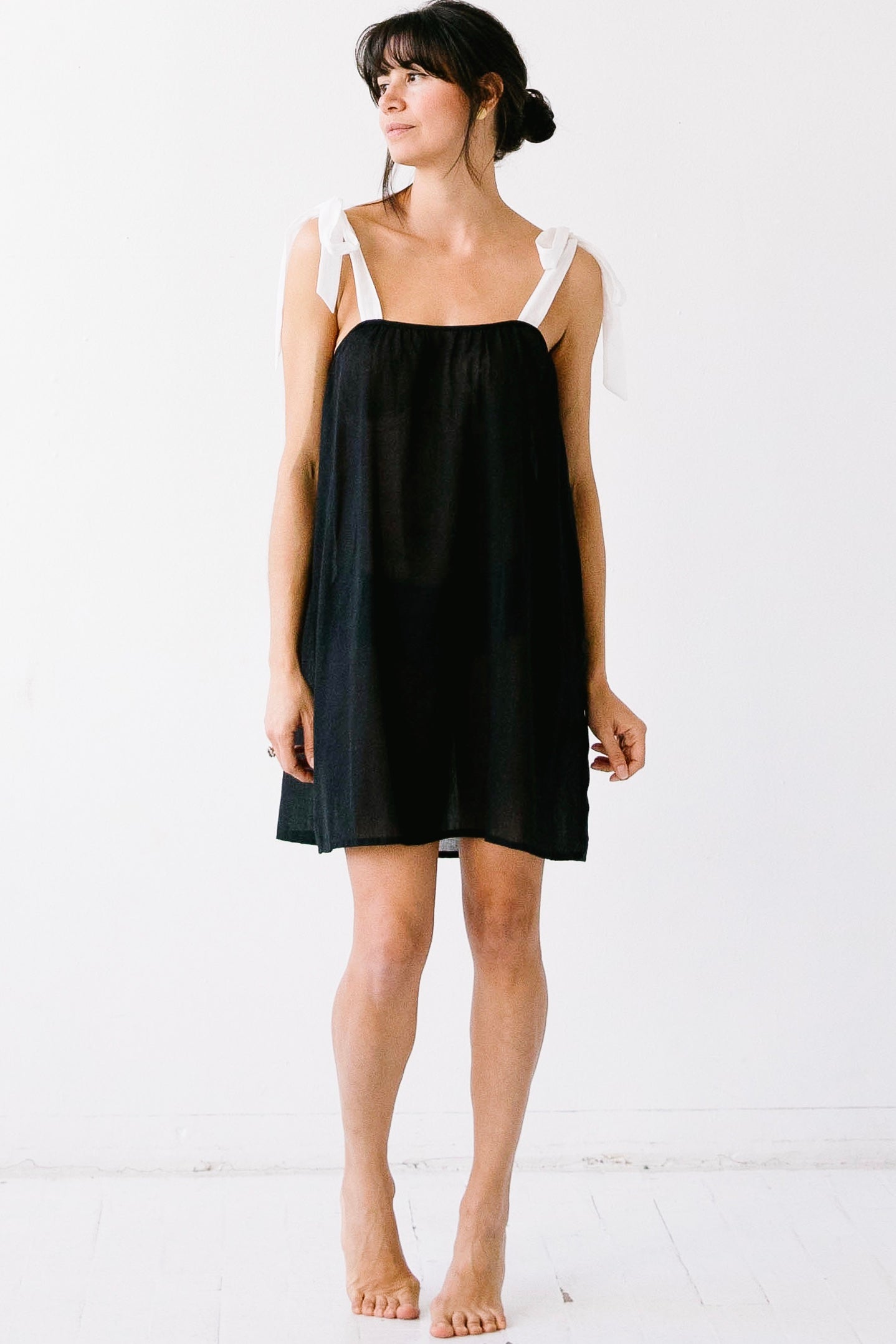 Daisy Tie Strap Cotton Babydoll in Black - DRESS photo
