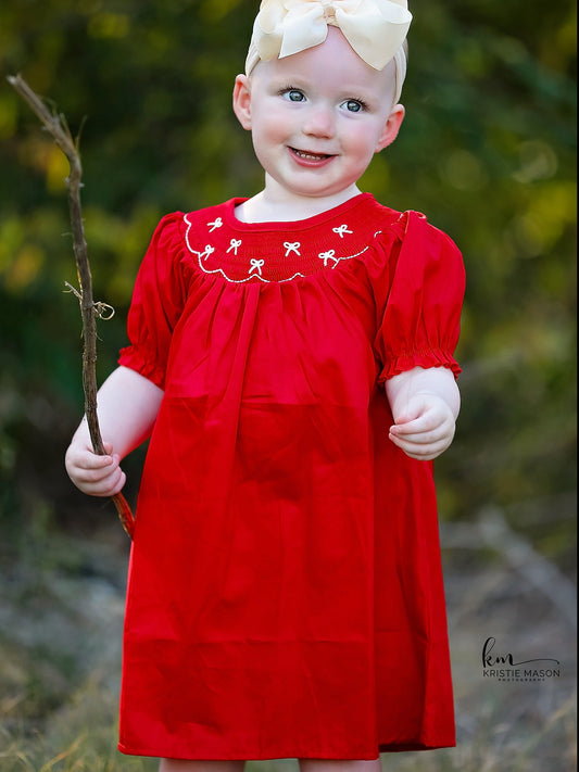 Girls Bow Smocking Embroidered Red Dress -