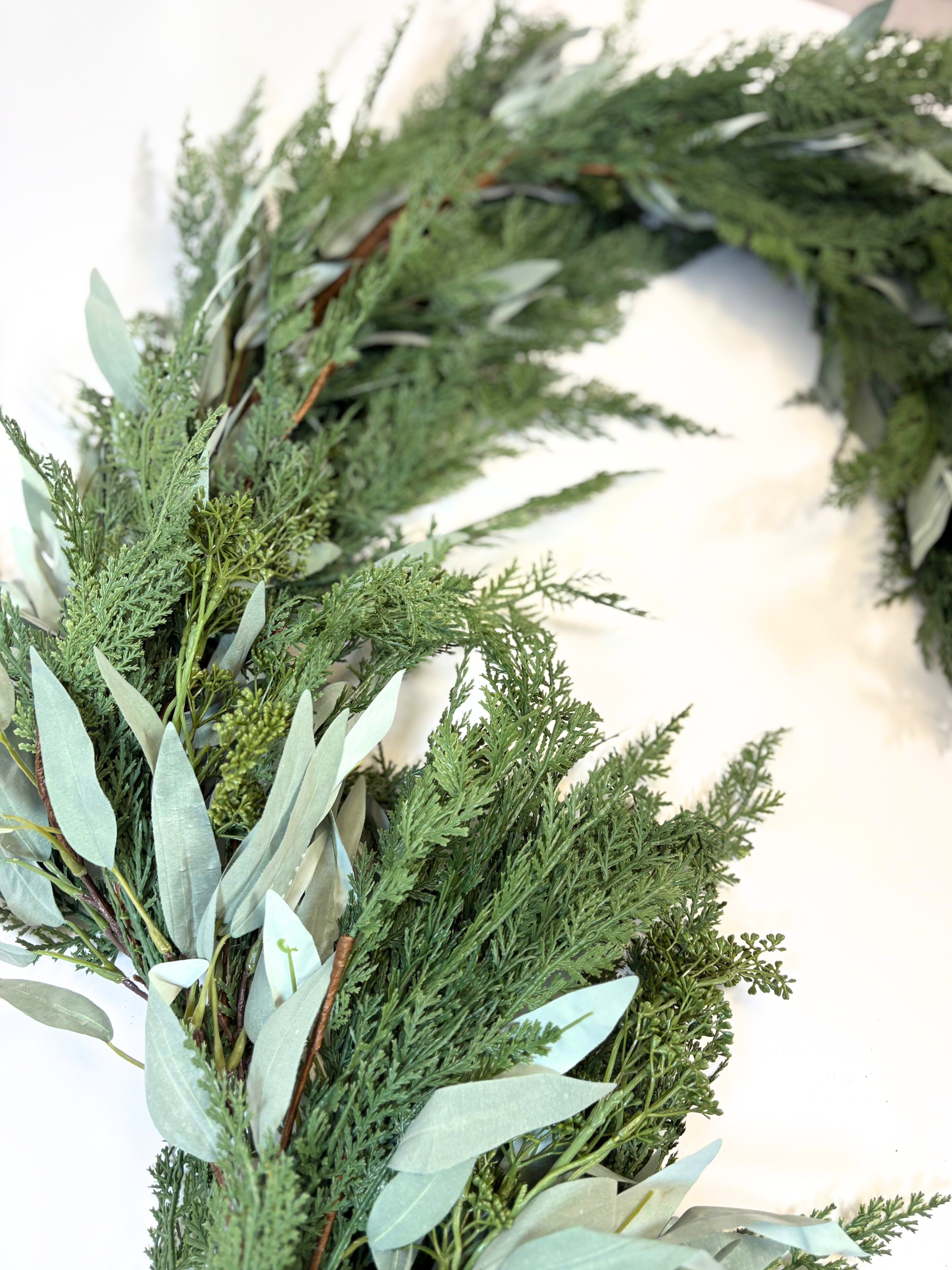 9’ Artificial Real-Touch Cedar and Long Leaf Eucalyptus Garland in - Garland photo