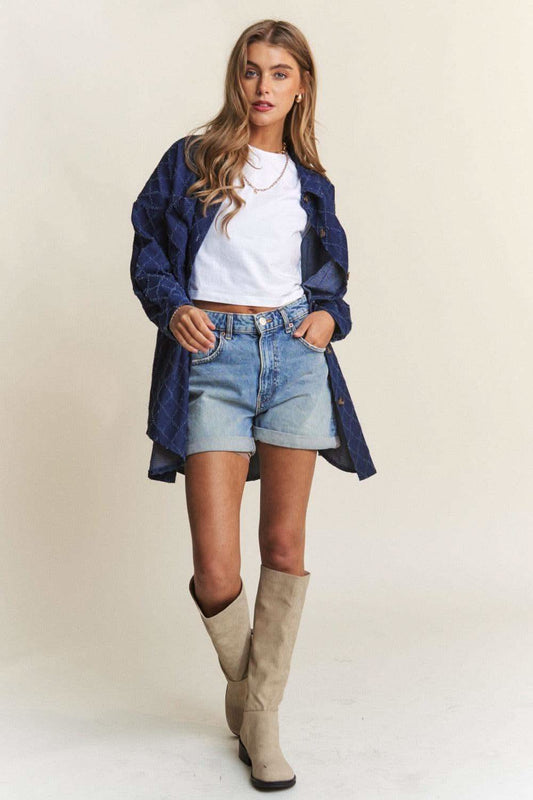 J.NNA Rhombus Stitched Button Up Denim Shacket in - shacket photo