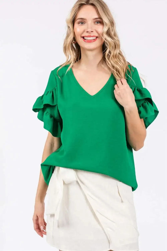 GeeGee Ruffled Short Sleeve V-Neck Blouse in KELLY GREEN - photo
