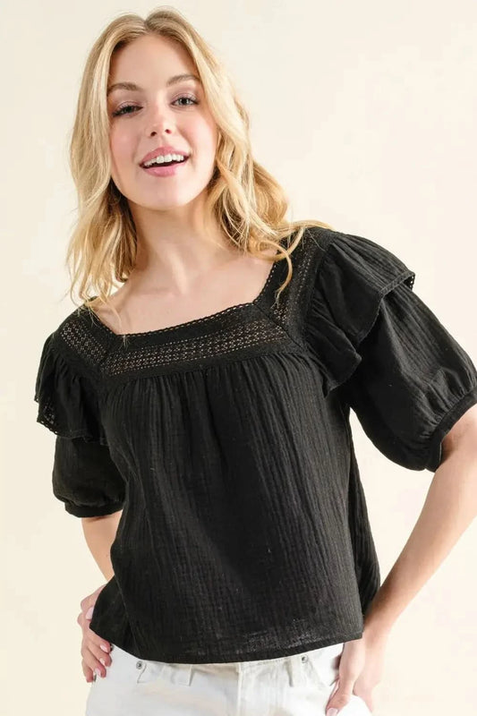 And The Why Square Neck Ruffled Blouse in BLACK - photo