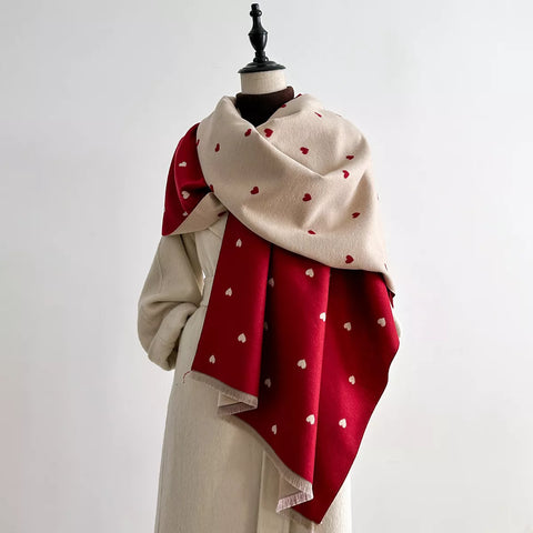 Heart-Patterned Raw Hem Winter Scarf in Deep Red One Size - photo