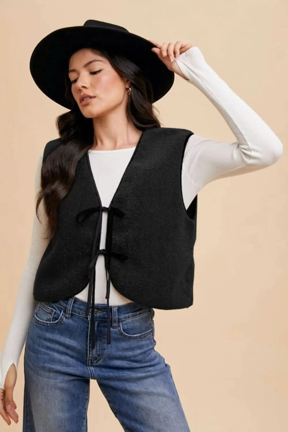 Annie Wear V-Neck Tie Detail Vest Coat in Black - photo