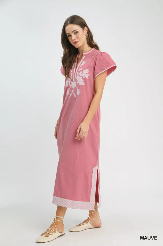 Umgee Embroidered Floral Short Sleeve Midi Dress with Contrast Trim in - photo