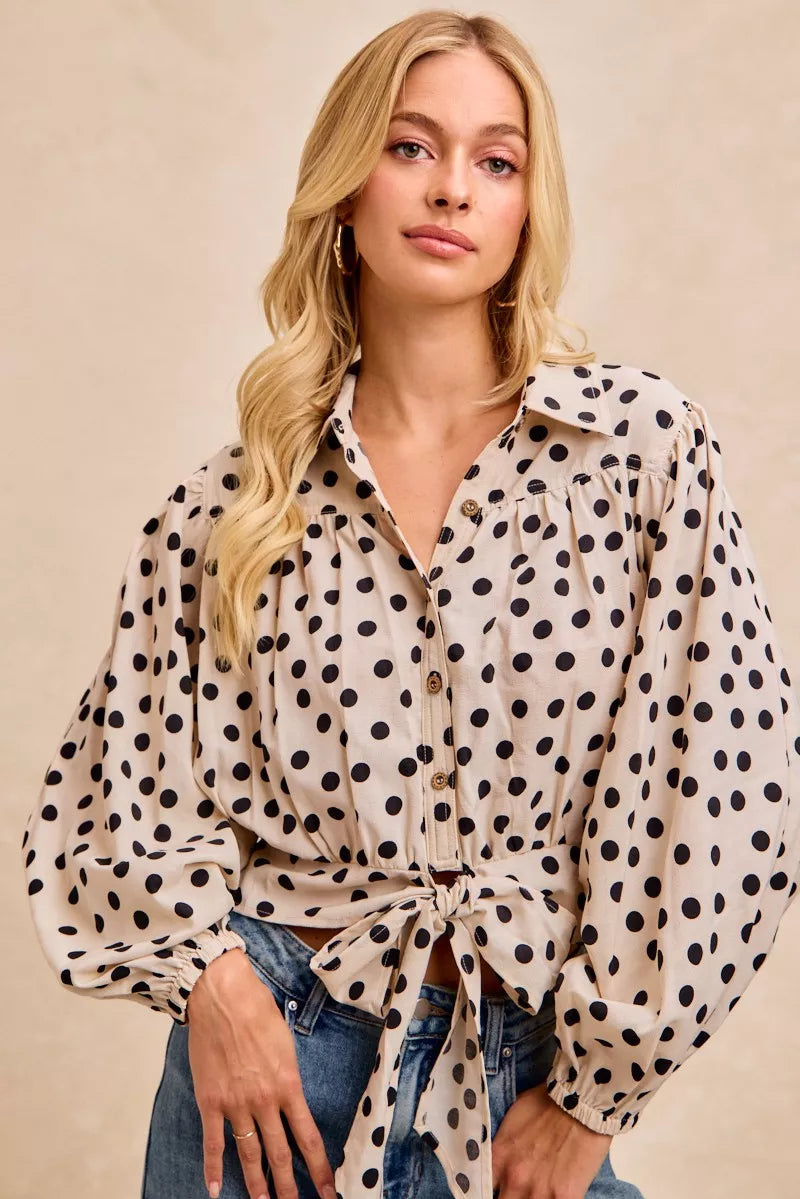 BiBi Polka Dot Print Tie Hem Detail Crop Shirt in - photo