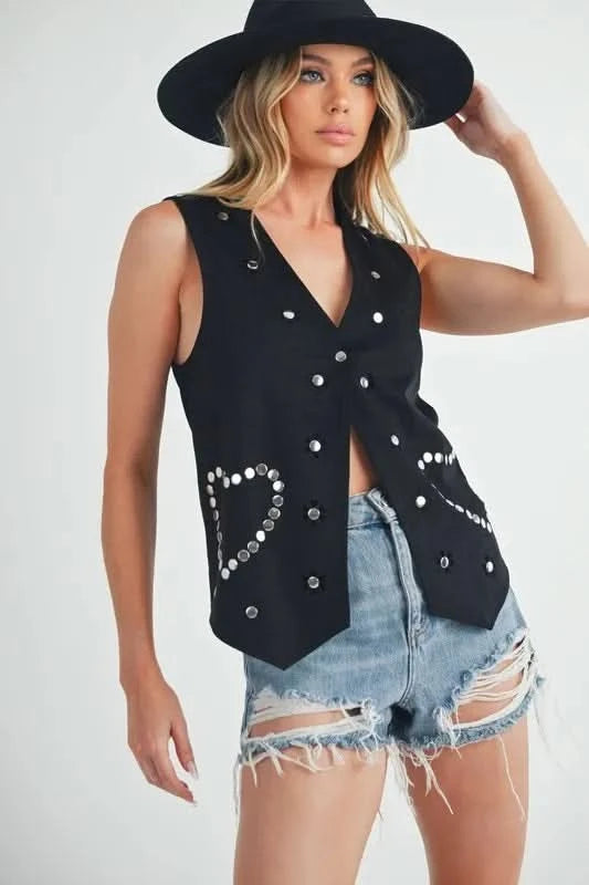 Aemi + Co Heart Rivet Detail Suede Vest Coat in Black - photo