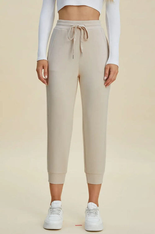 Basic Bae Full Size Air Scuba Drawstring High Waist Cropped Pants in Beige - Bottoms photo